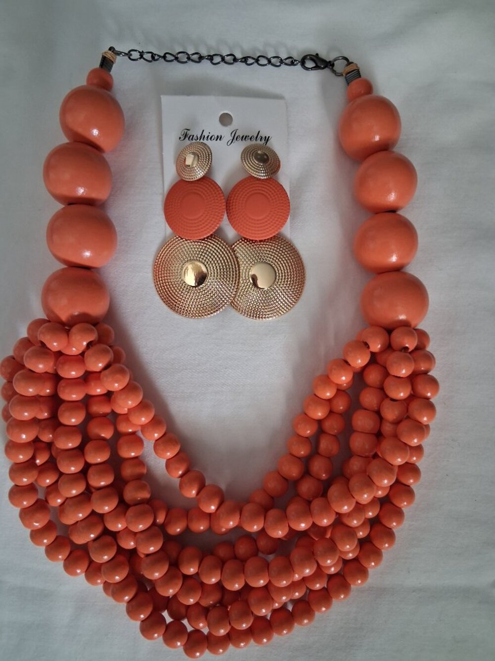 Orange wooden beaded necklace and earring set